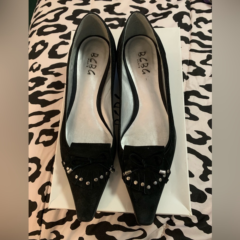BCBG Black Studded Suede Flats Elegant Loafers